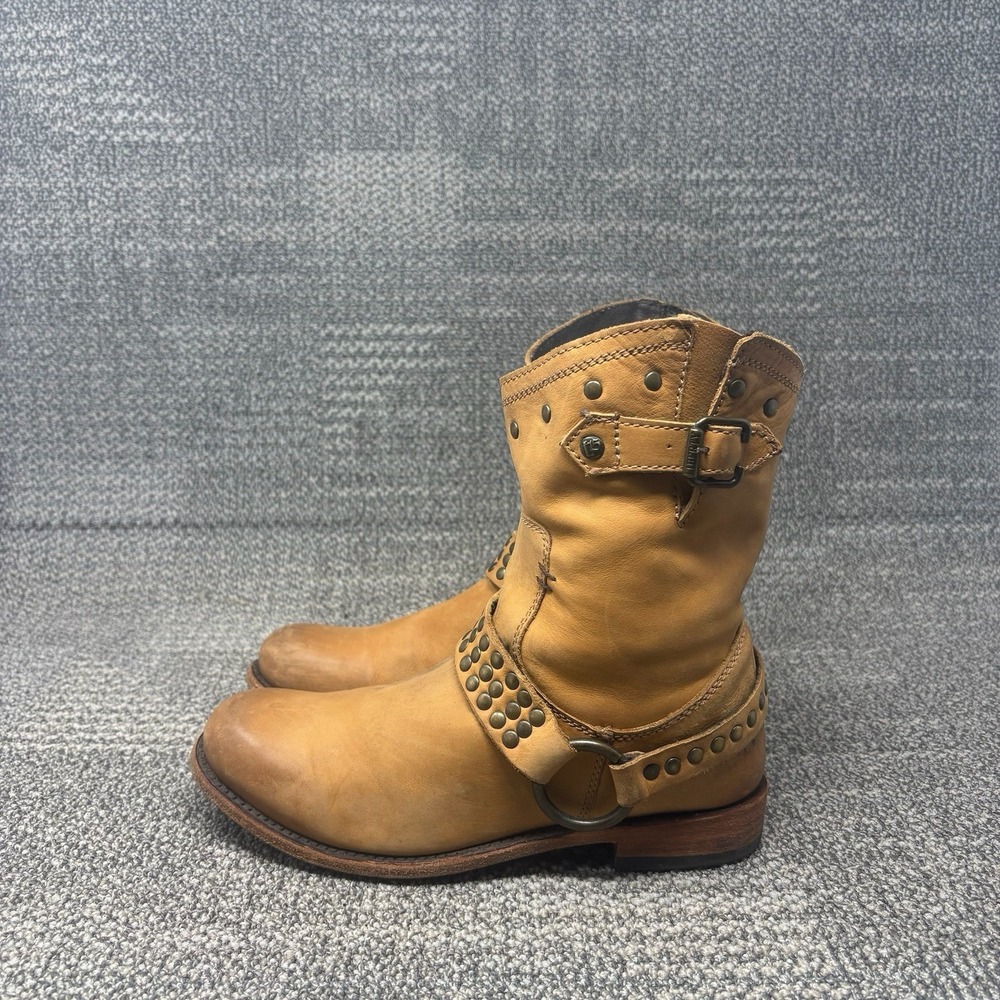 Liberty Black Women's 7.5 Tan Harness Boots Studded Moto Western Leather 711716
